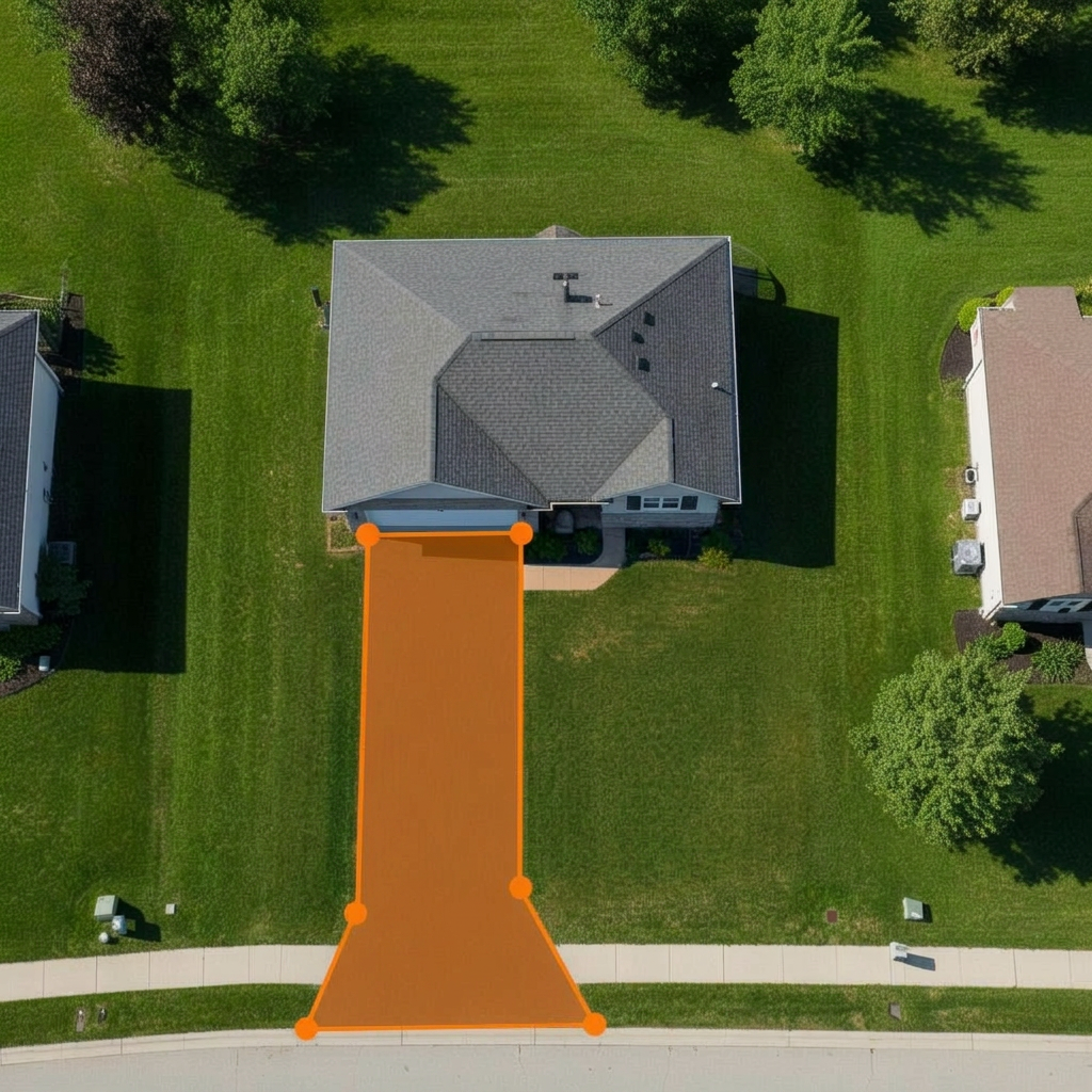 Satellite view of a driveway with an orange polygon trace showing the area to be sealcoated